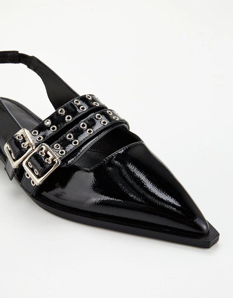 Ichika Crinkle Patent Buckle Detail Sling Back Shoes - Black