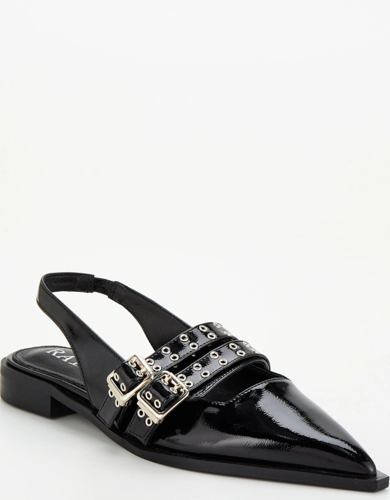 Ichika Crinkle Patent Buckle Detail Sling Back Shoes - Black