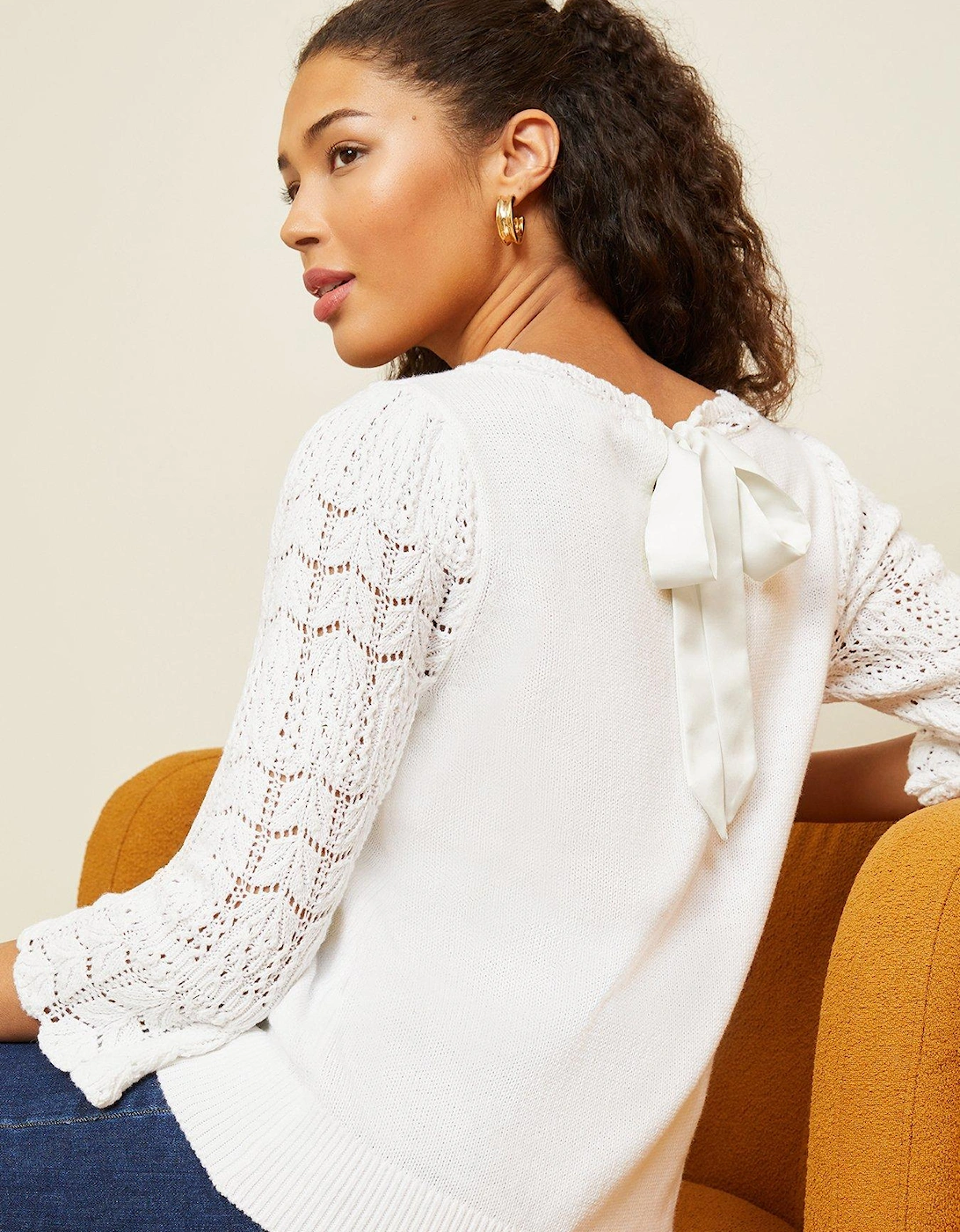Crochet Sleeve Bow Back Jumper -white