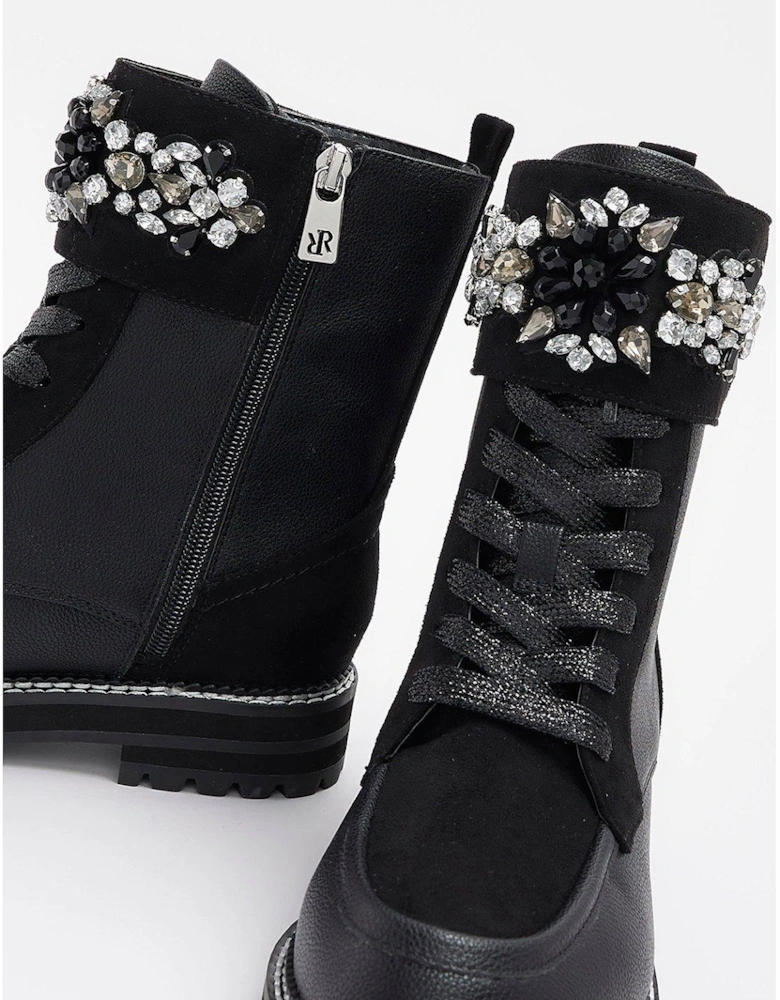 Embellished Cuff Lace Up Boot - Black