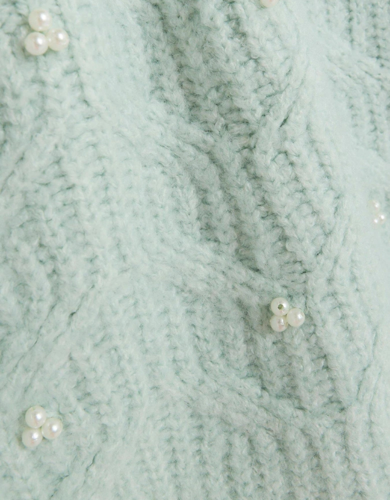 Girls Embellished Cable Knit Dress - Green