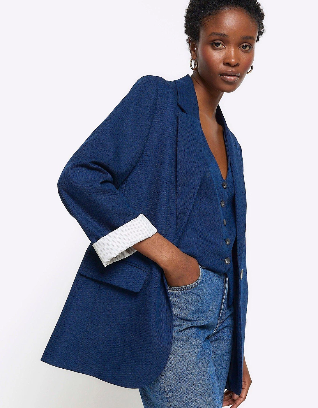 Relaxed Roll Sleeve Blazer - Navy