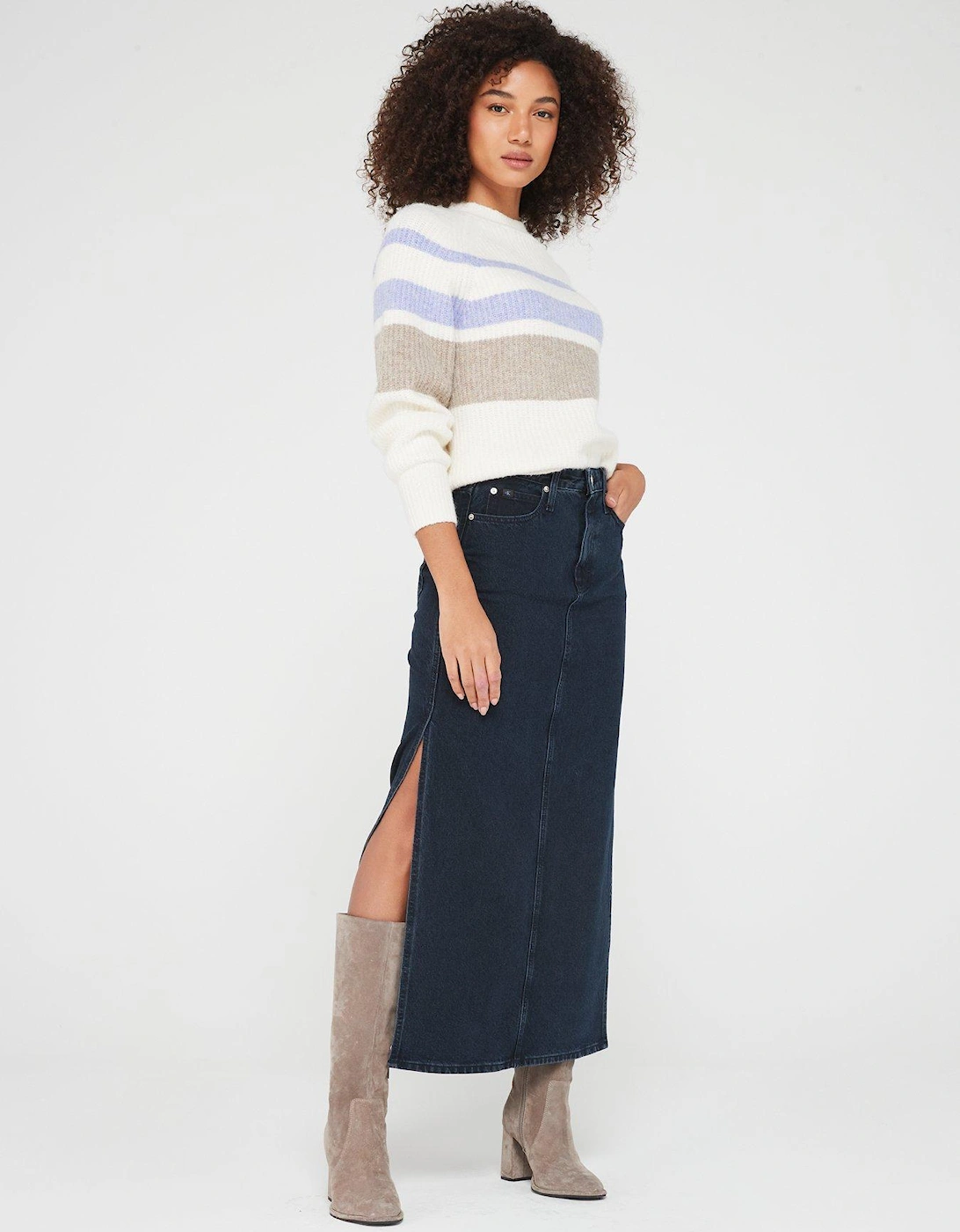 Denim Split Leg Maxi Skirt - Blue