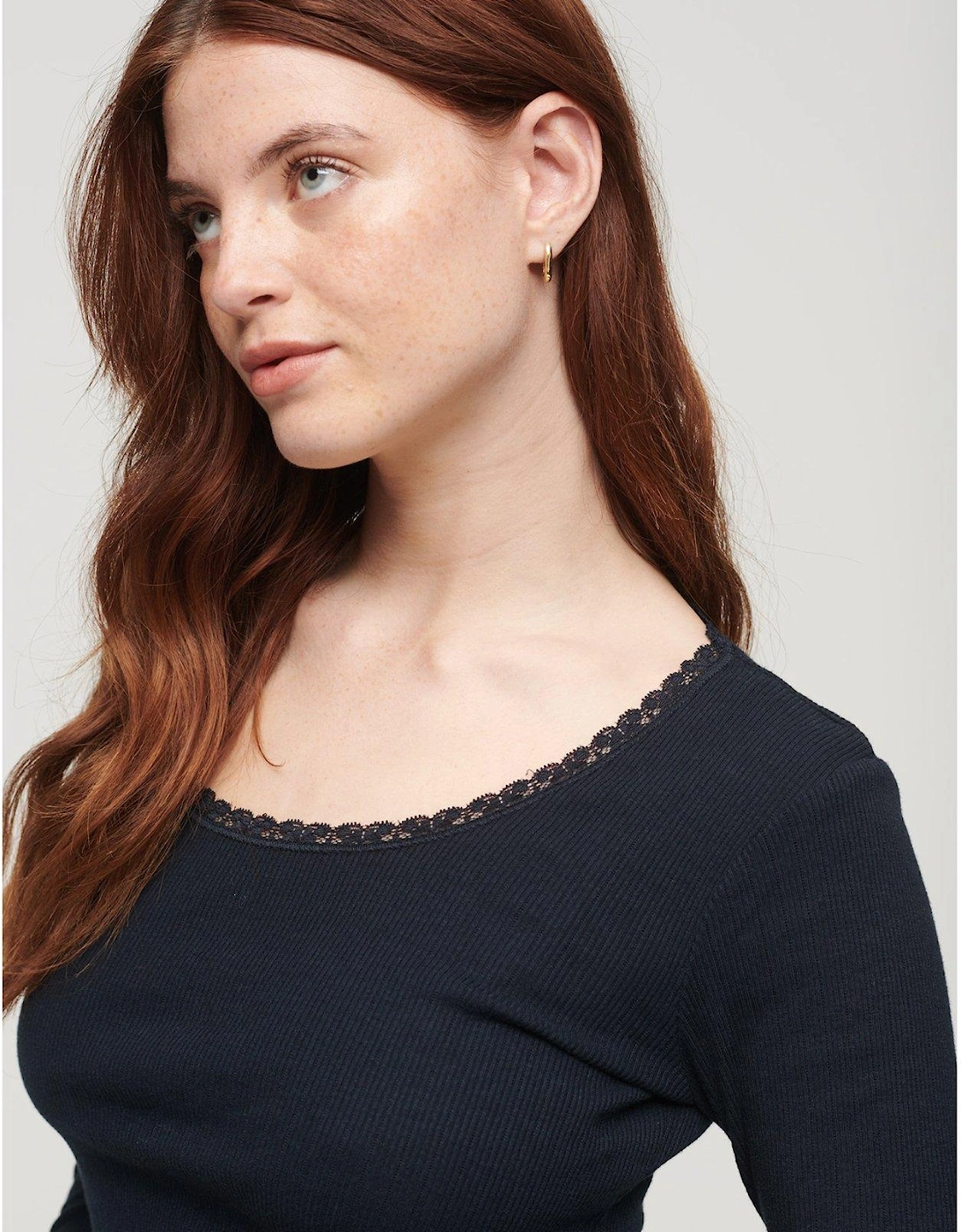 Essential Long Sleeve Rib Lace Top - Navy