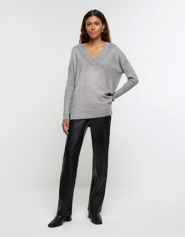 V Neck Fine Stripe Jumper - Silver