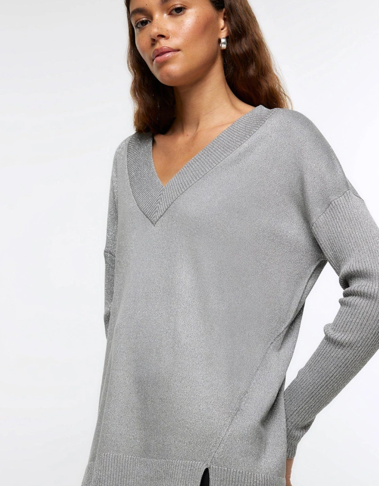 V Neck Fine Stripe Jumper - Silver