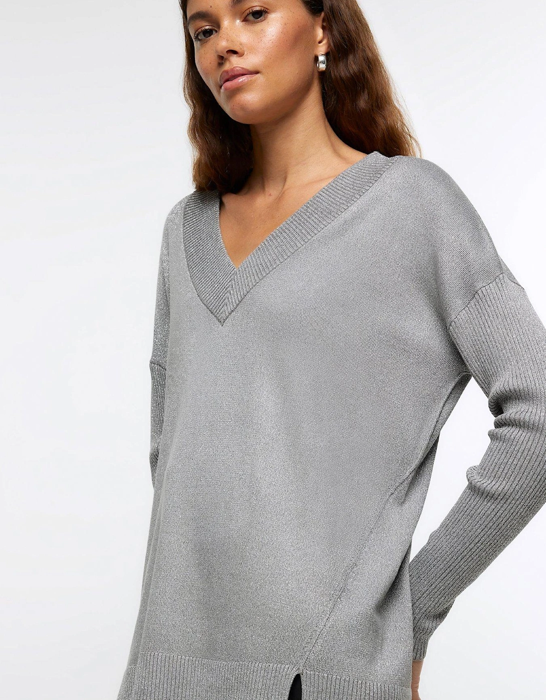 V Neck Fine Stripe Jumper - Silver