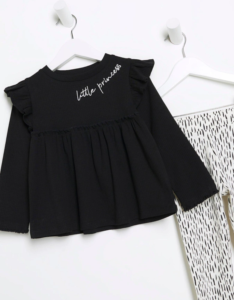 Mini Girls Frill Long Sleeve Top Set - Black