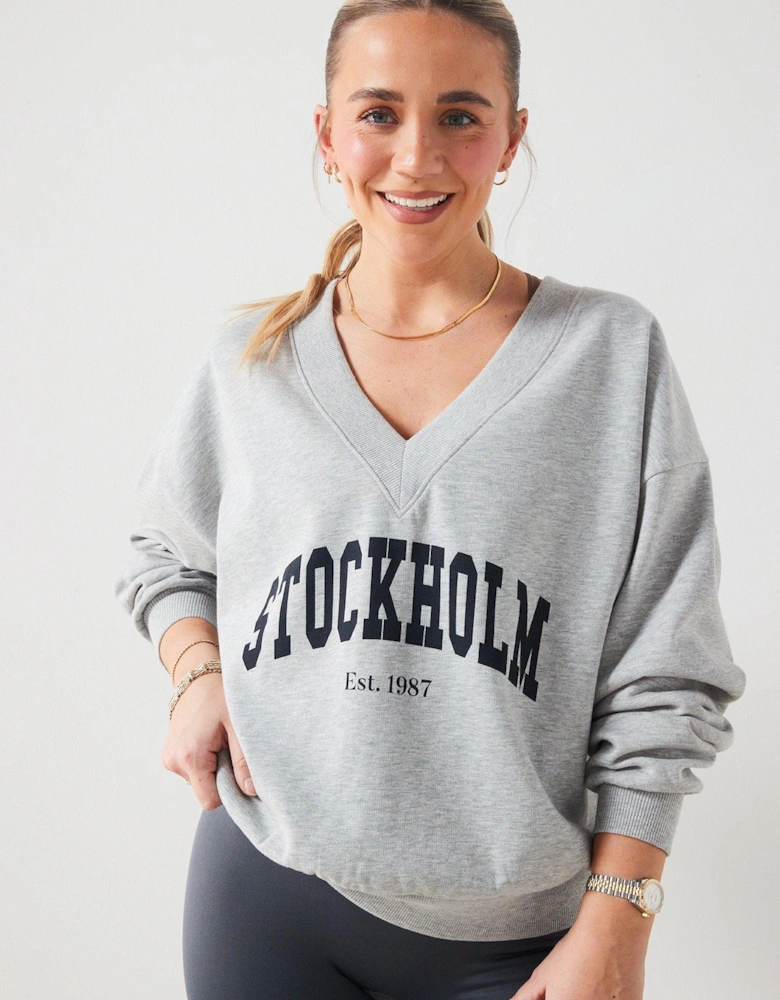 X Hattie Bourn Stockholm Logo V Neck Oversized Sweatshirt - Grey