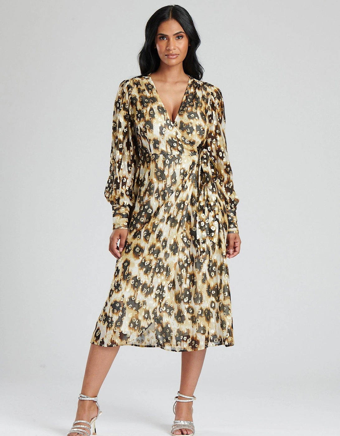 Leopard Print Metallic Long Sleeve Wrap Dress