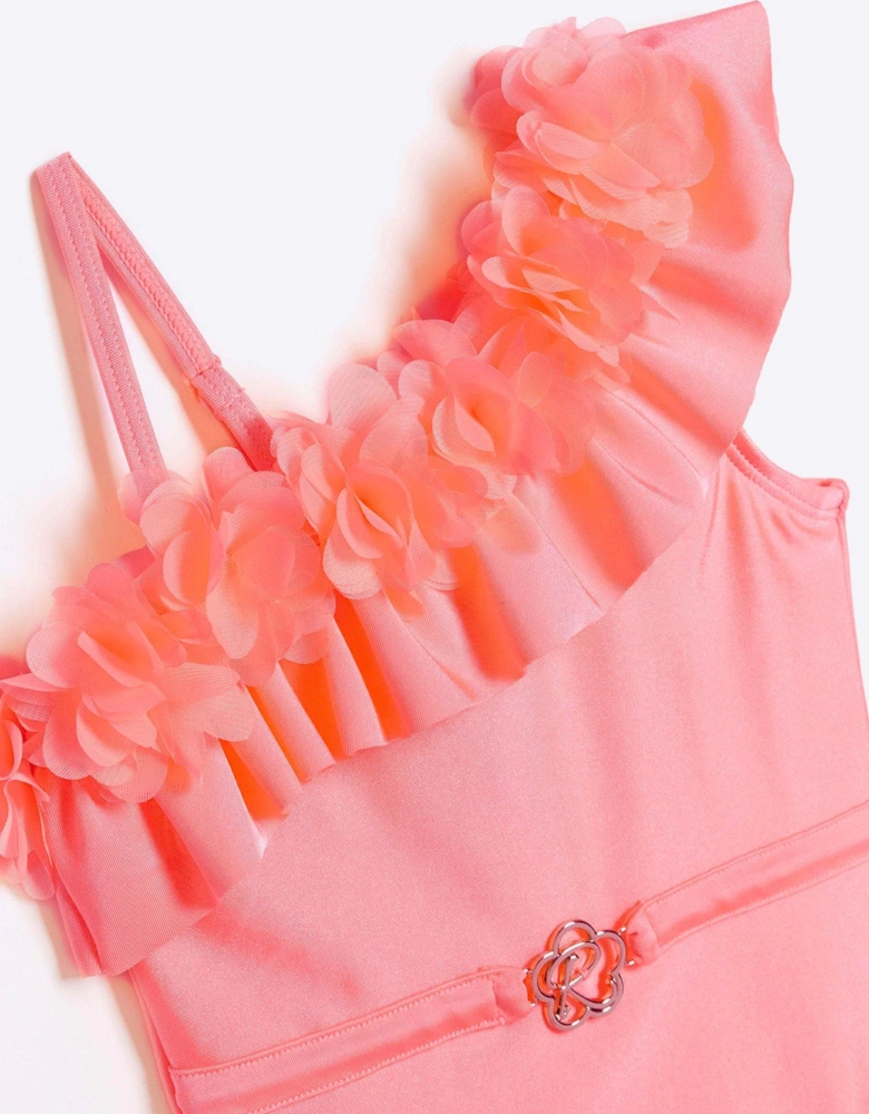 Mini Girls Flower Asymmetric Swimsuit - Pink