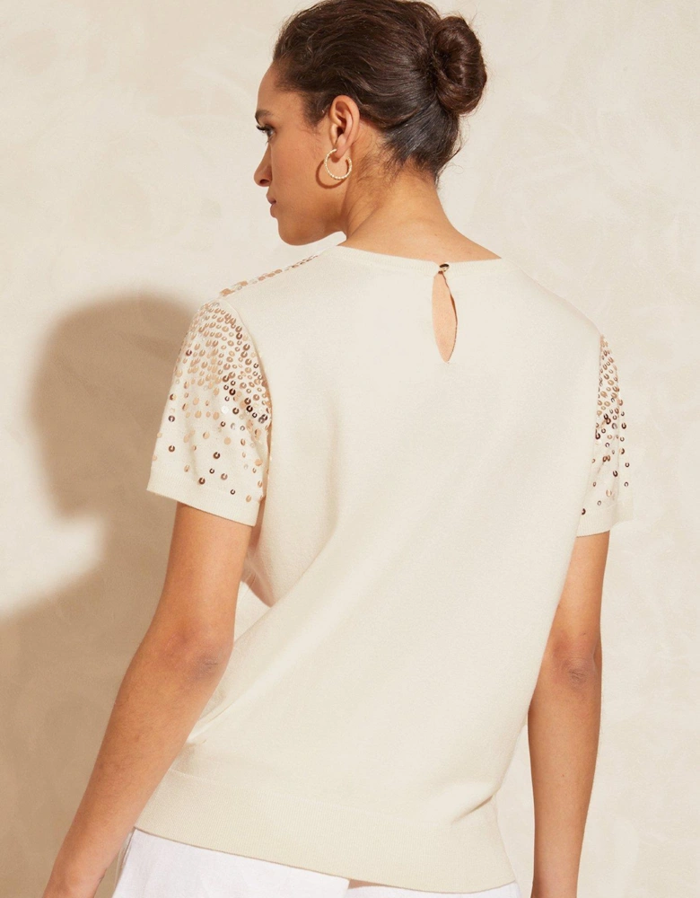 Scattered Sequin Knitted Short Sleeve Top-white