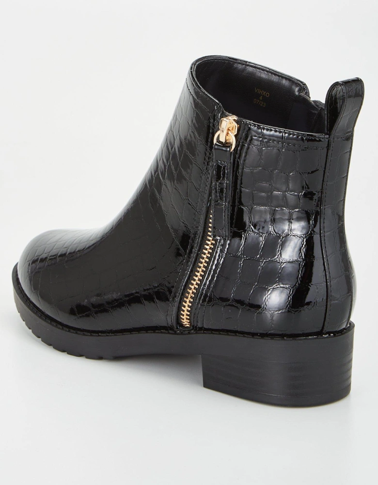 Wide Fit Patent Chunky Zip Ankle Boot - Black