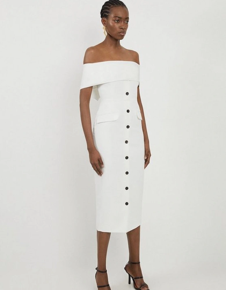 Petite Clean Tailored Bardot Button Through Midi Dress