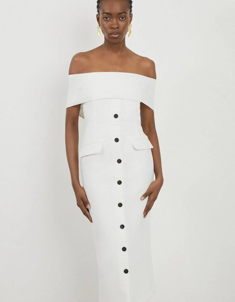 Petite Clean Tailored Bardot Button Through Midi Dress