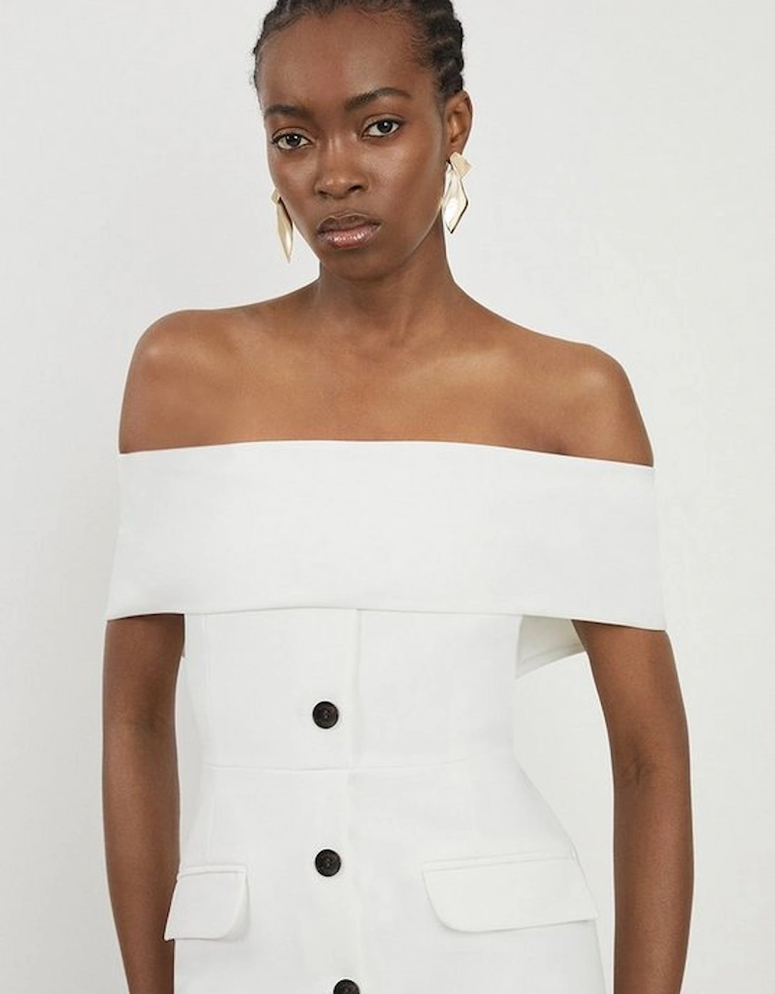 Petite Clean Tailored Bardot Button Through Midi Dress