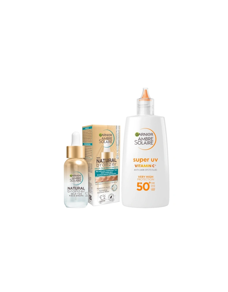 Glow and Protect Duo: Natural Bronzer Self-Tan Drops and Ambre Solaire Vitamin C Facial SPF50+ Fluid
