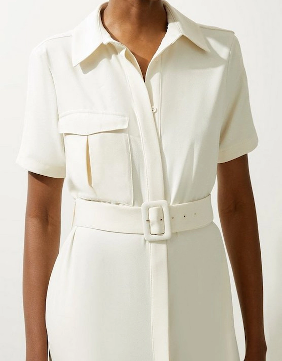 Petite Tailored Crepe Pocket Detail Short Sleeved Belted Midi Shirt Dress