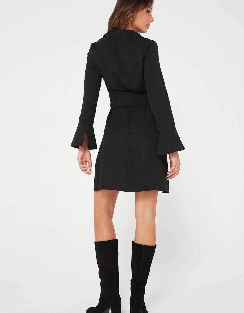 Long Sleeve Mini Shirt Dress - Black