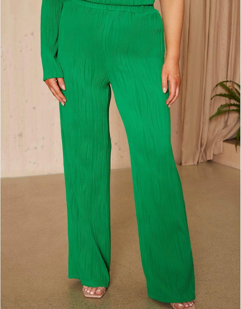 Elasticated Waist Swirl Plisse Trousers In Green