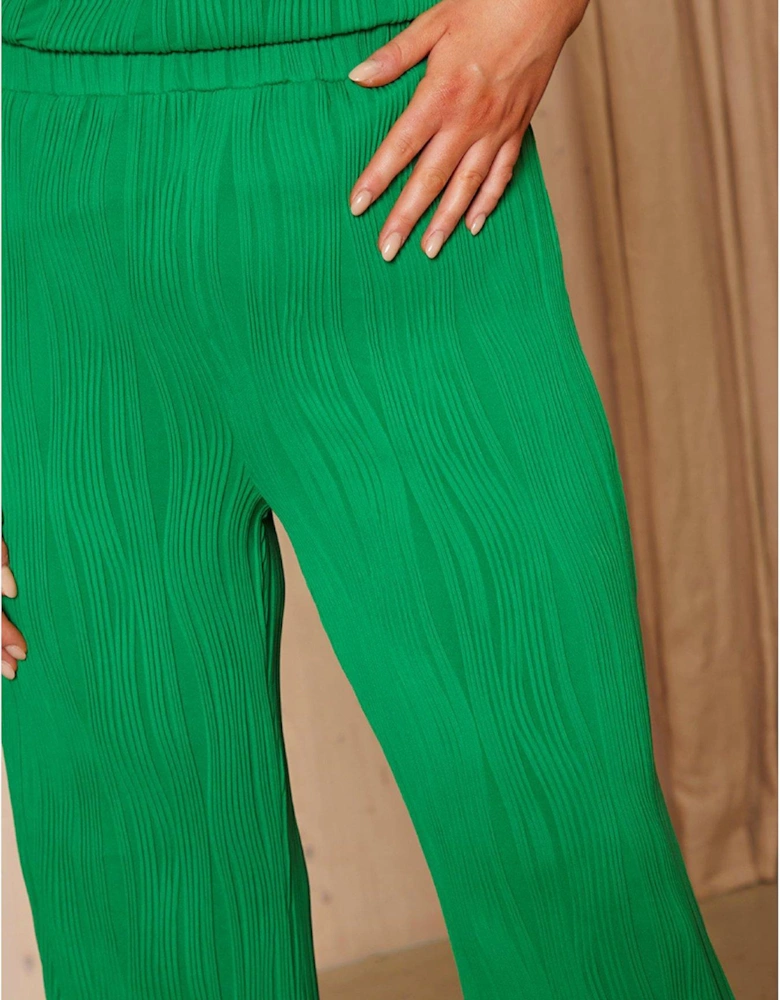 Elasticated Waist Swirl Plisse Trousers In Green