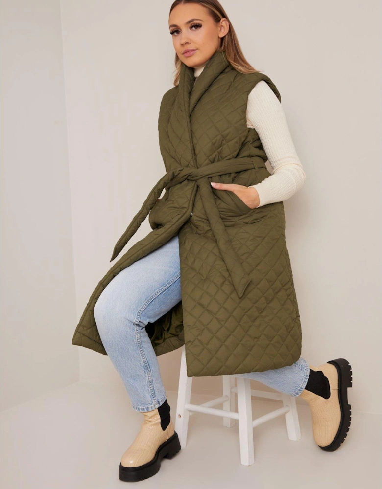 Diamond Quilted Longline Belted Gilet - Khaki