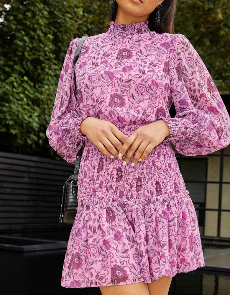 Long Sleeve High Neckfloral Shirred Detail Midi Dress In Purple