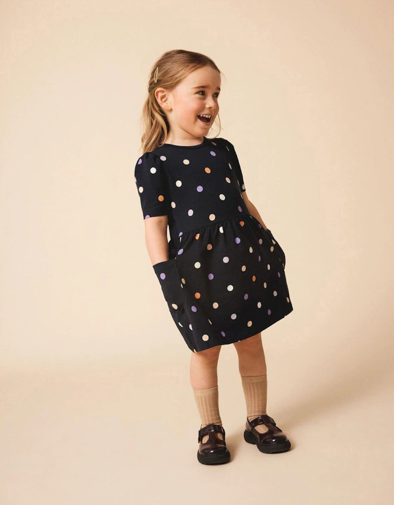 Mini Girls Spot Short Sleeve Dress - Dark Sapphire