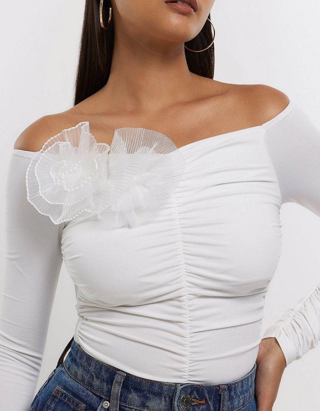 Ruched Corsage Bodysuit - White
