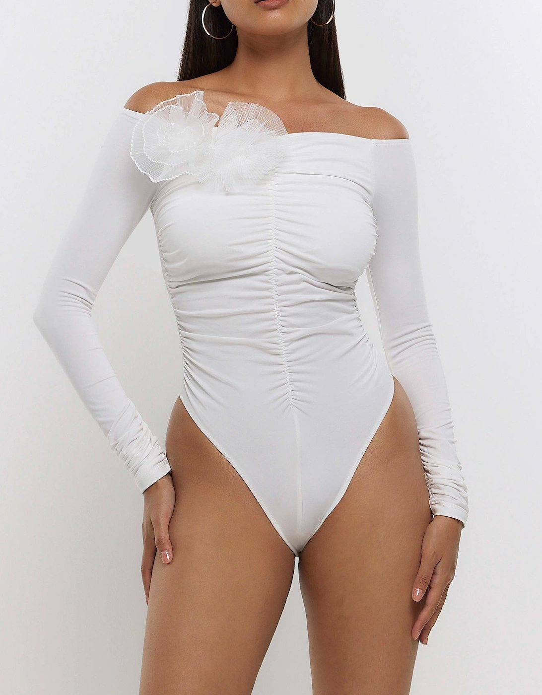 Ruched Corsage Bodysuit - White