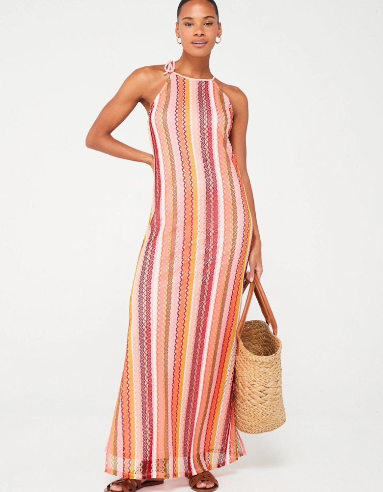 Halter Stripe Maxi Dress - Orange