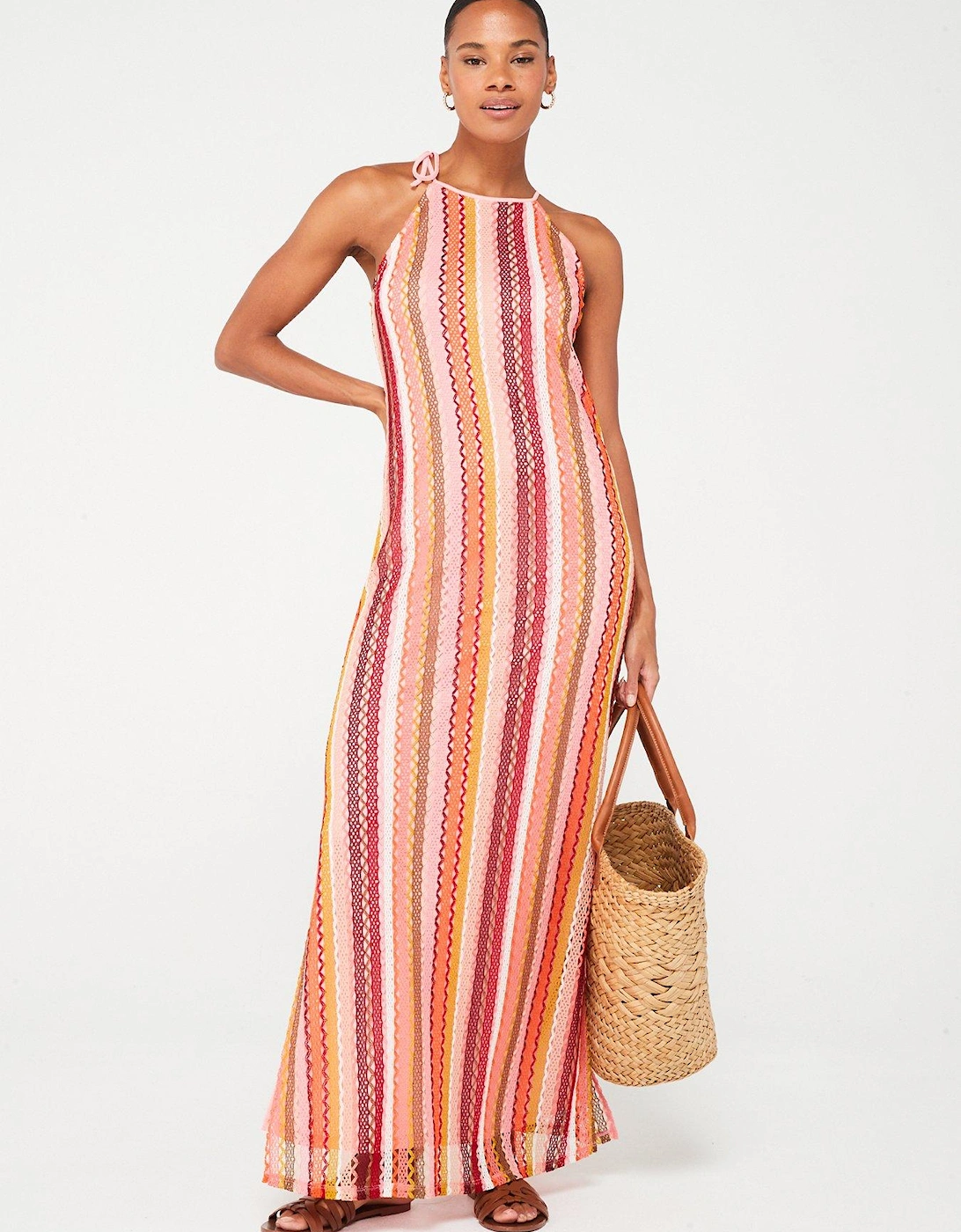 Halter Stripe Maxi Dress - Orange