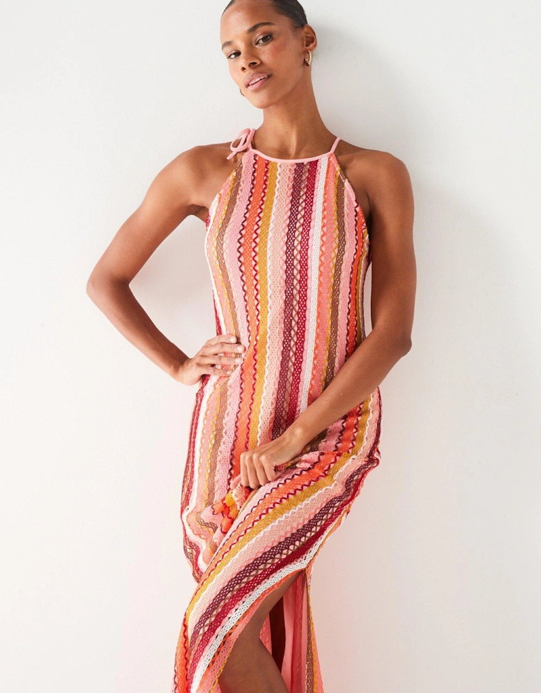 Halter Stripe Maxi Dress - Orange