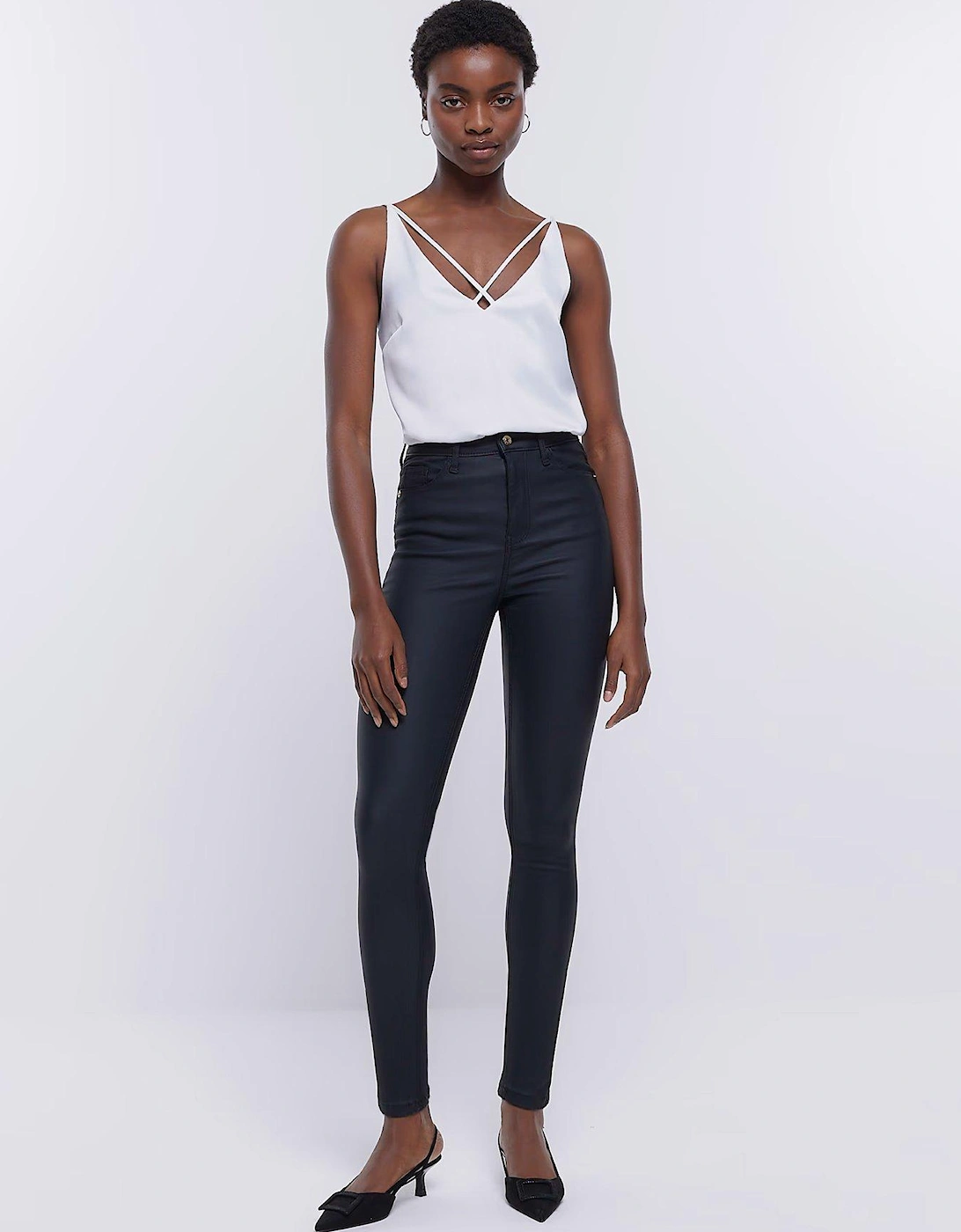 Coated Denim High Rise Skinny Jeans - Black