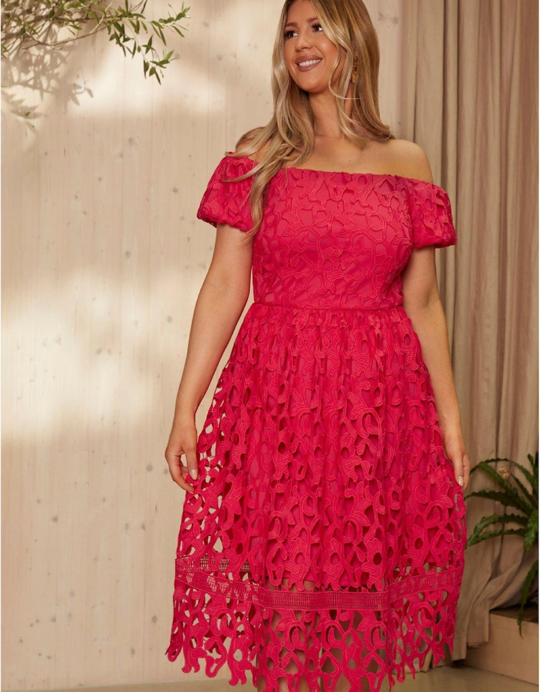 Bardot Premium Lace Fit and Flare Midi Dress in Pink