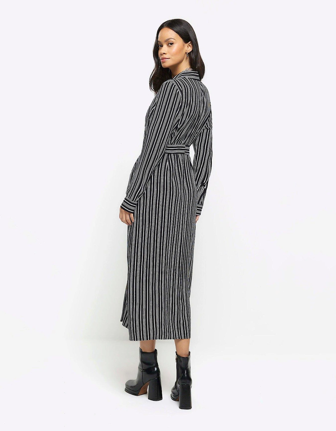 Striped Shirt Midi Dress - Black