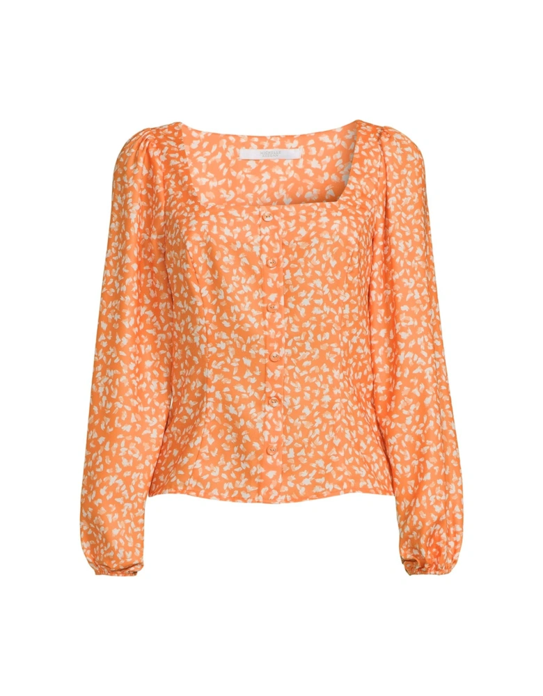 Sweetheart Button Front Printed Blouse - Orange