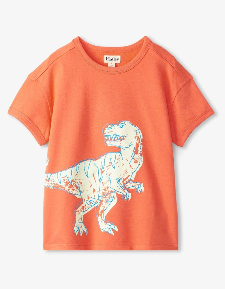 Boys Dino Glow In The Dark Ringer Short Sleeve T-Shirt - Coral