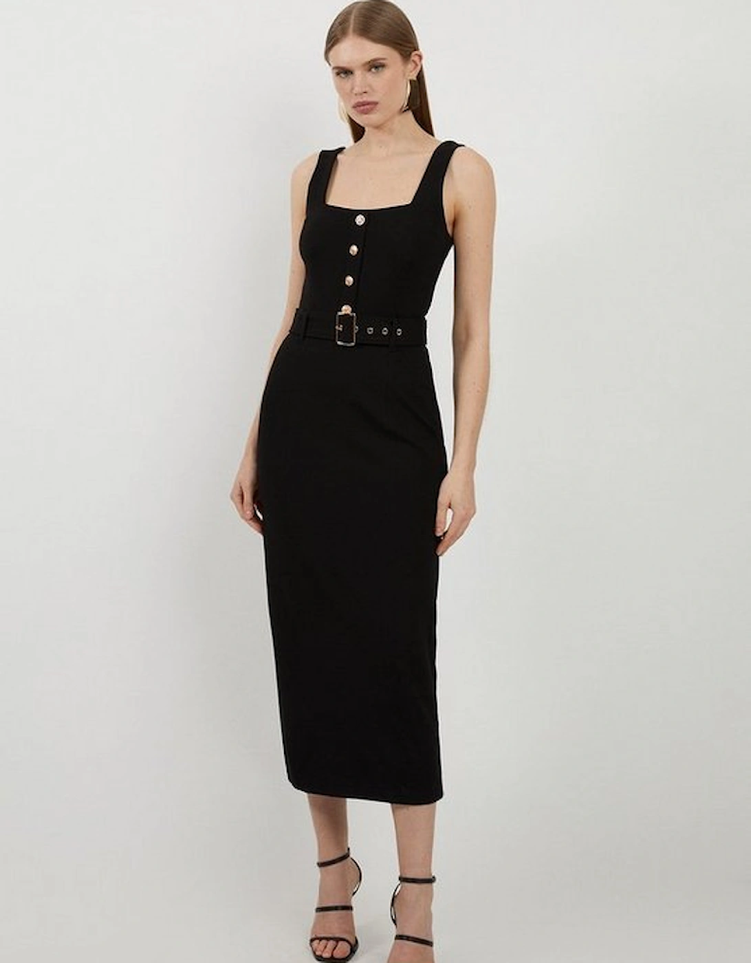 Belted Detail Ponte Jersey Strappy Midi Dress, 2 of 1