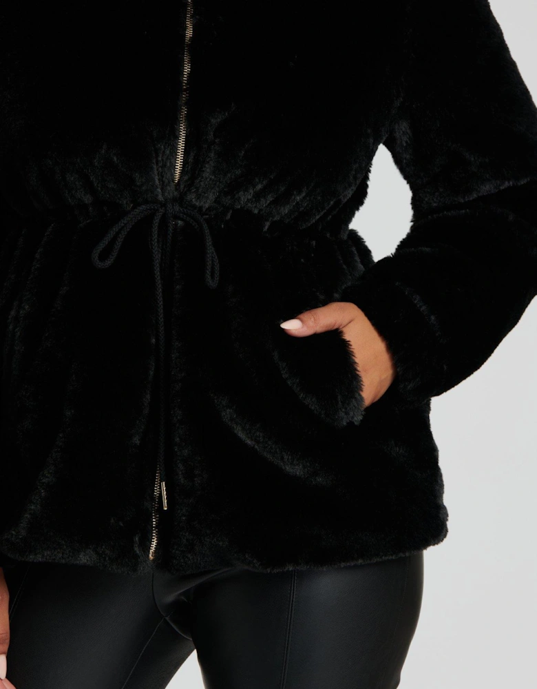 Faux Fur Jacket With Waist Ties In Black