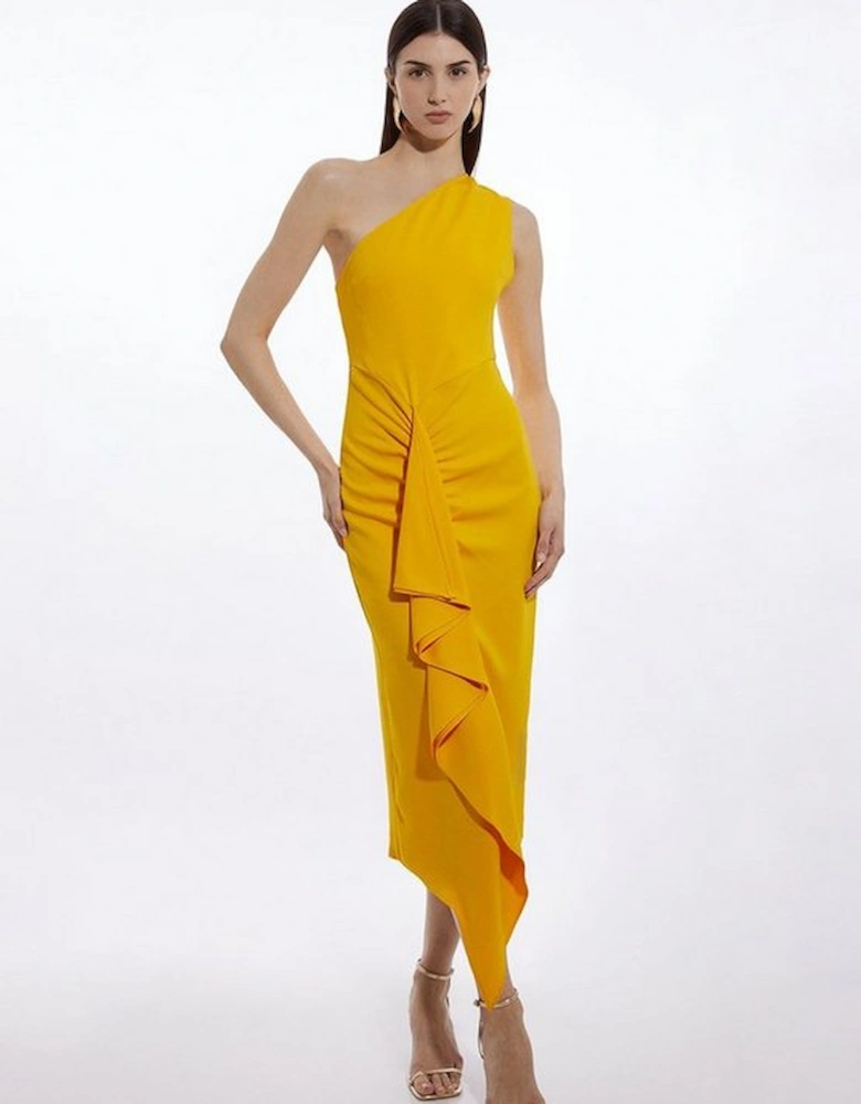 Compact Viscose Tailored One Shoulder Drape Front Pencil Dress