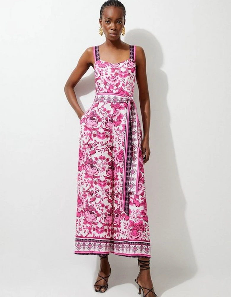 Printed Viscose Woven Tie Waist Wide Leg Jumpsuit