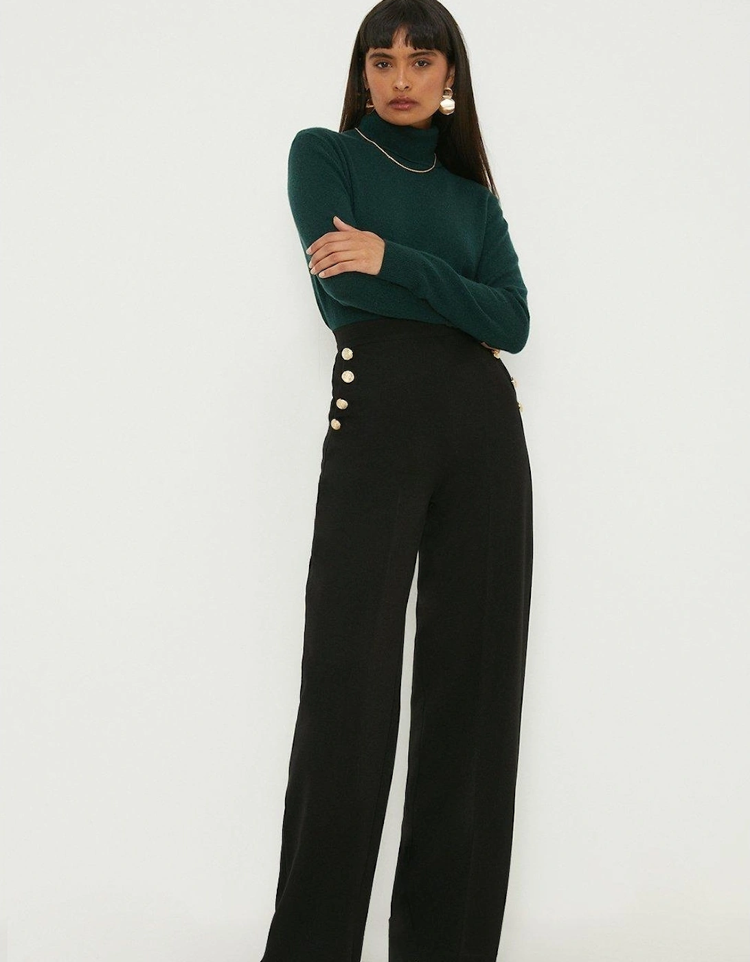 Womens/Ladies Button Detail Wide Leg Trousers, 2 of 1