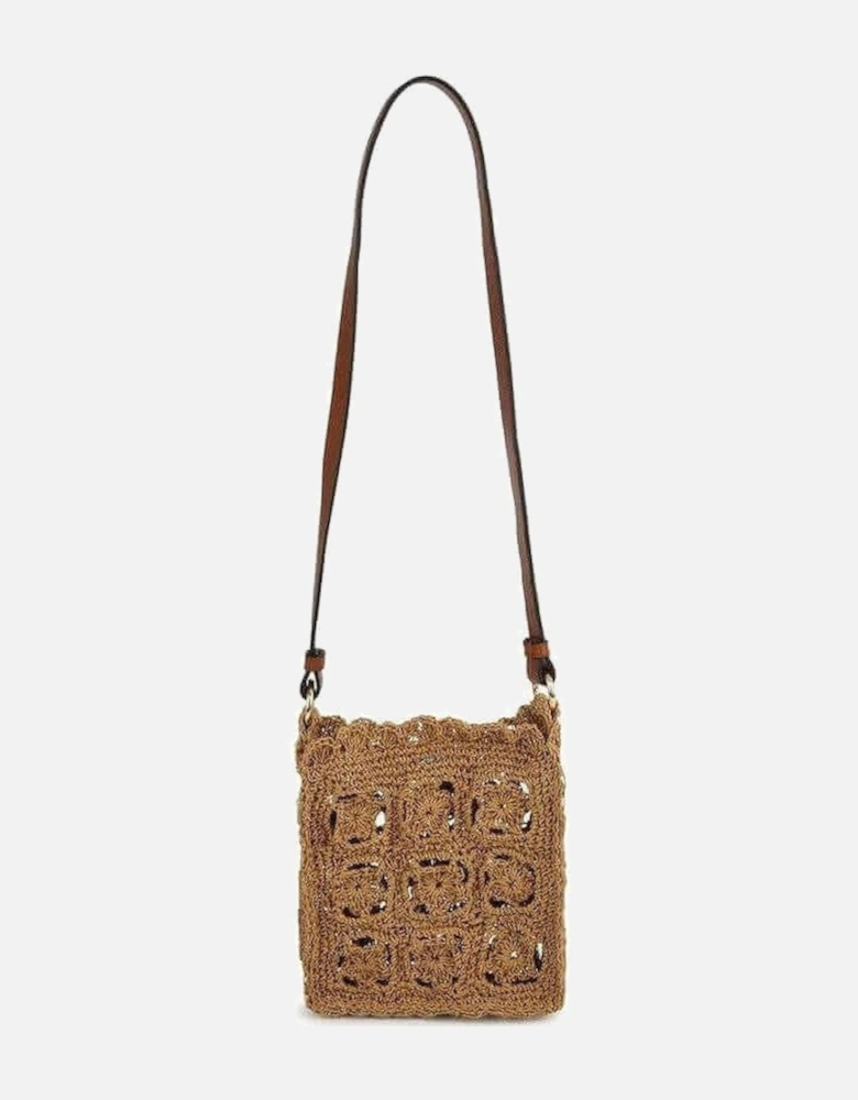 Girls Brown Crochet Leather Strap Bag