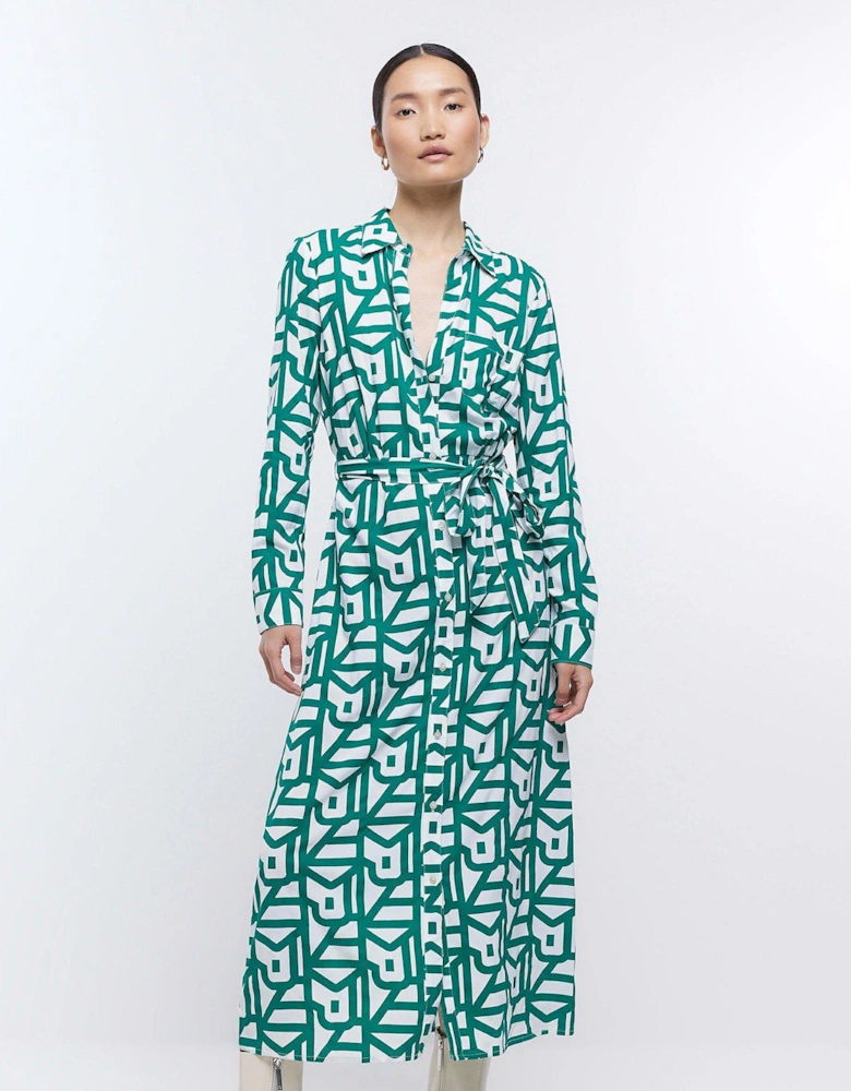 Geo Printed Belted Shirt Dress - Green