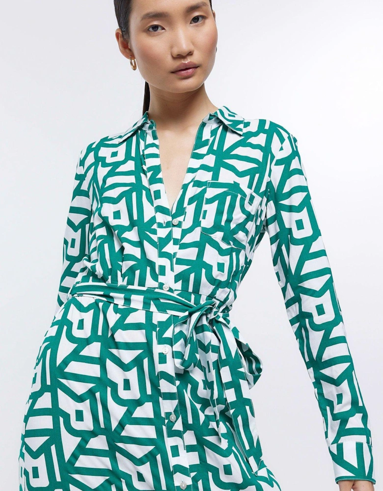 Geo Printed Belted Shirt Dress - Green