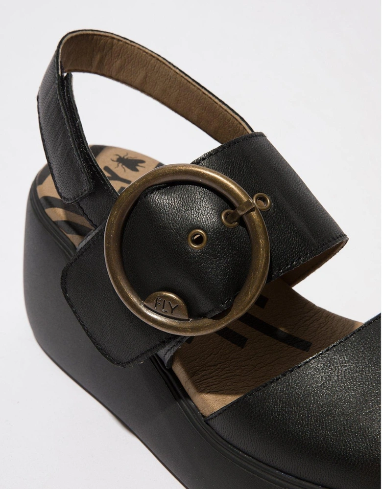 Digo Circle Buckle Leather Wedged Sandal - Black