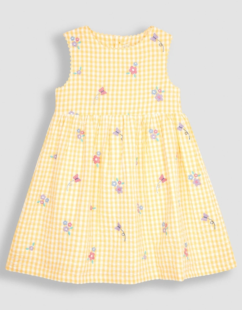 Girls Butterfly Embroidered Gingham Summer Dress - Yellow