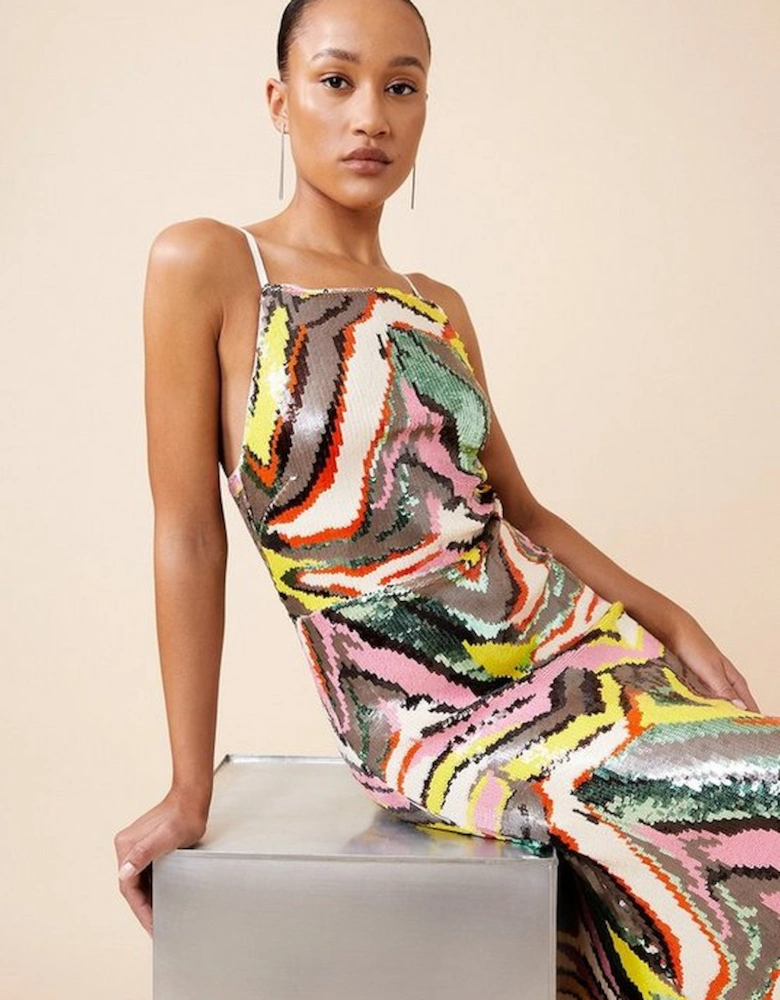 Abstract Sequin Embellished Woven Strappy Midi Dress