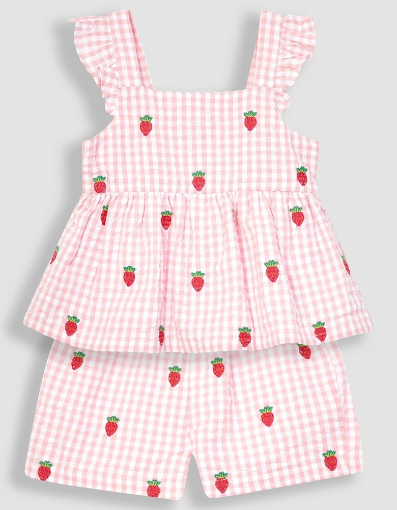 Girls 2-Piece Strawberry Seersucker Blouse & Shorts Set - Pink